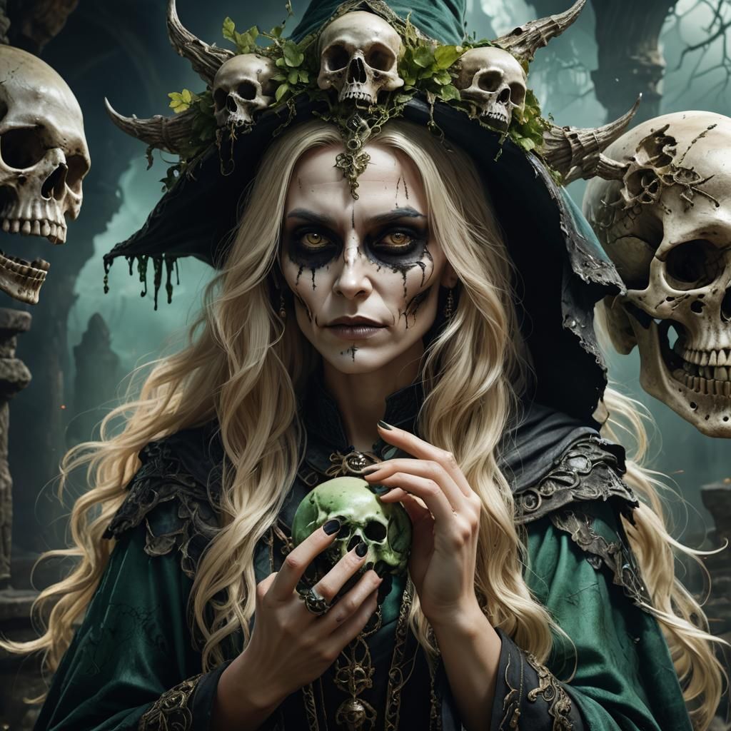 Mystical Sorceress Holds Ancient Skull in Dark Forest