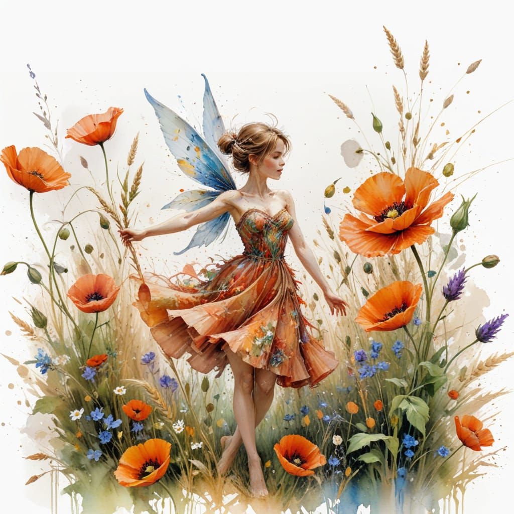 Tuscan Poppy Field with Tinkerbell in Golden Hour Light