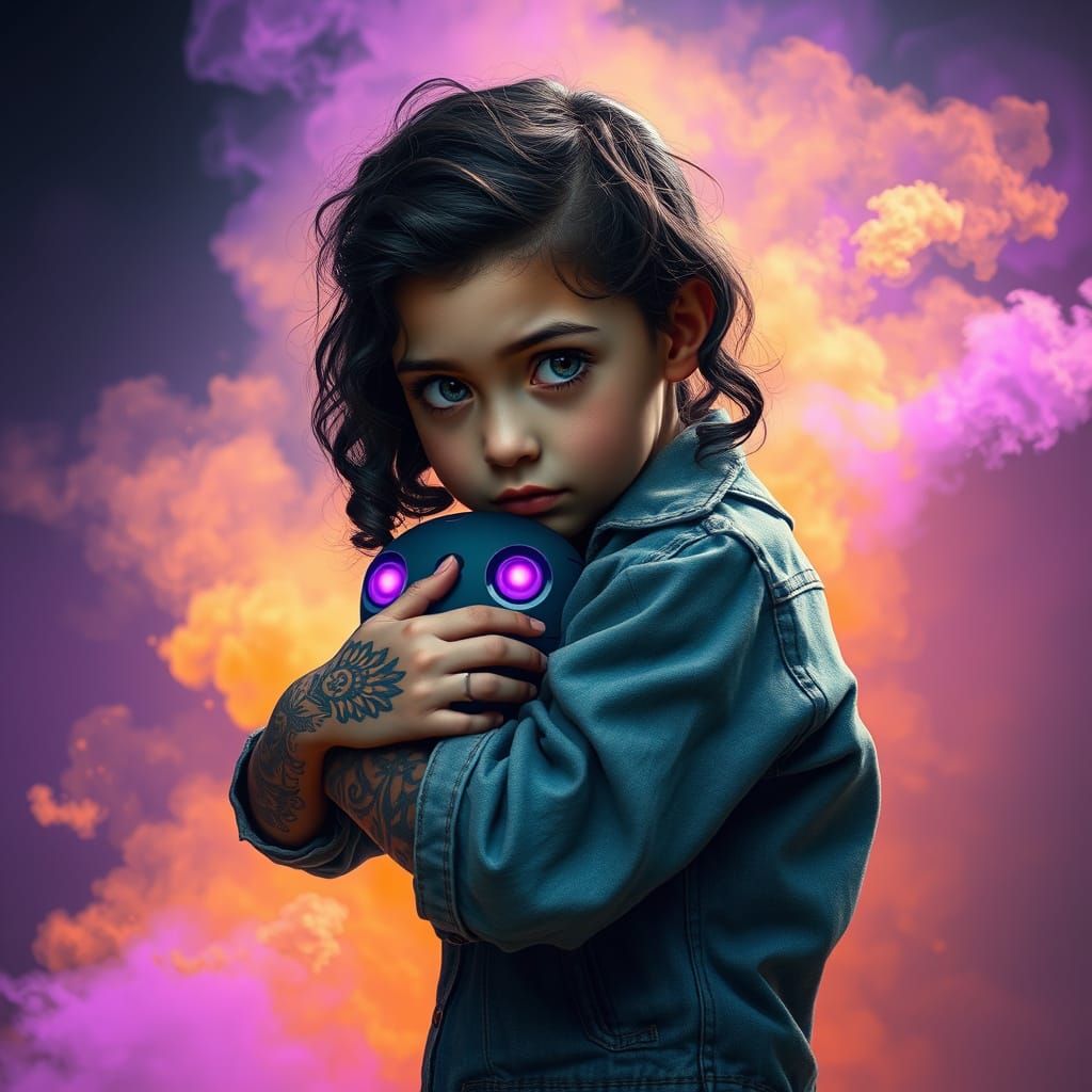 Girl with Tribal Tattoos Hugs Cybernetic Companion in Vibran...