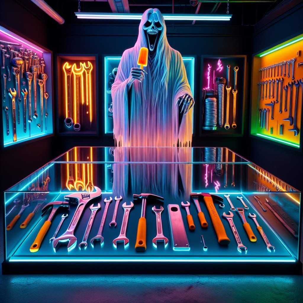 Ghostly Figure Savoring Popsicle in Neon-Lit Tool Museum