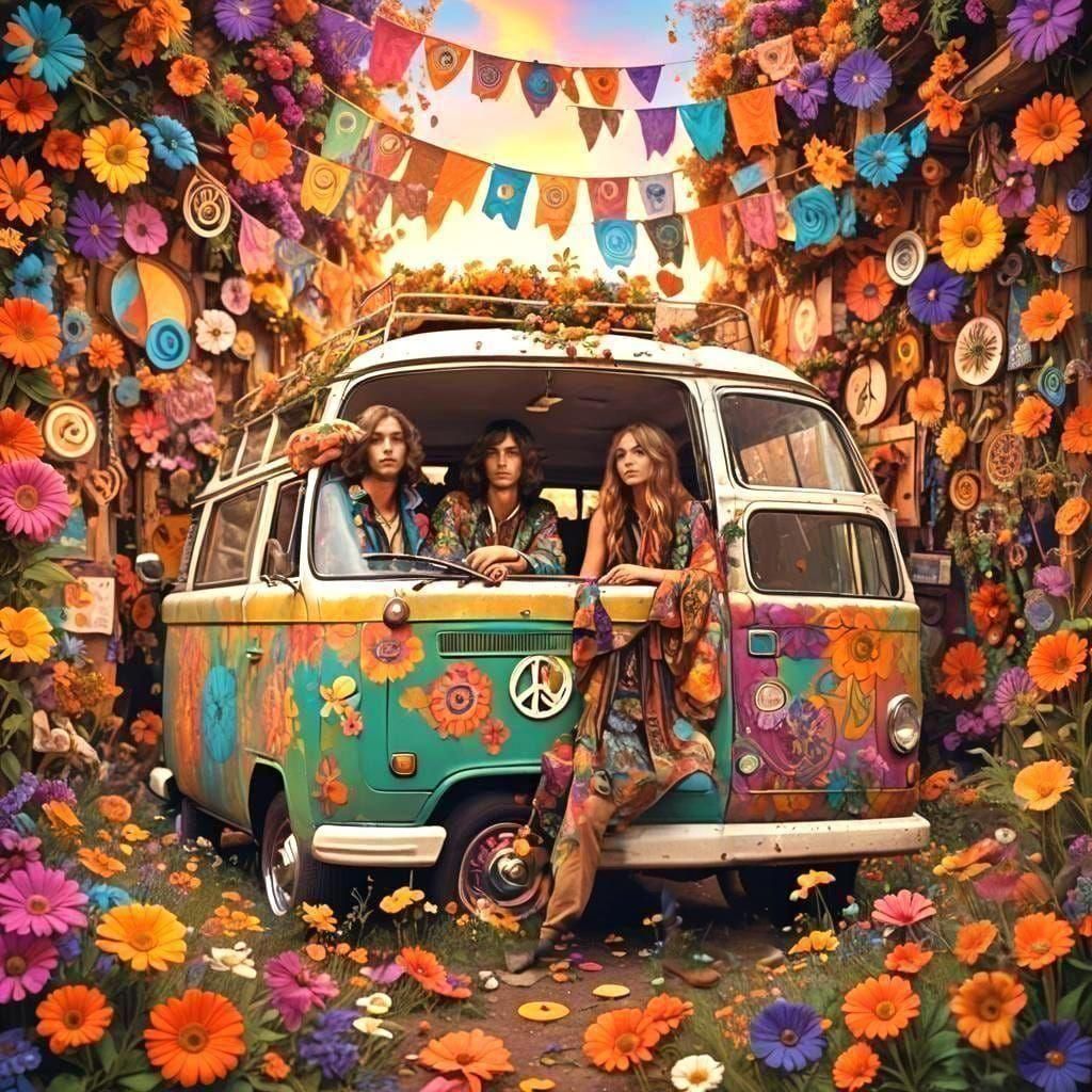 1960s Hippie Couple and Peace Van, Detailed Art