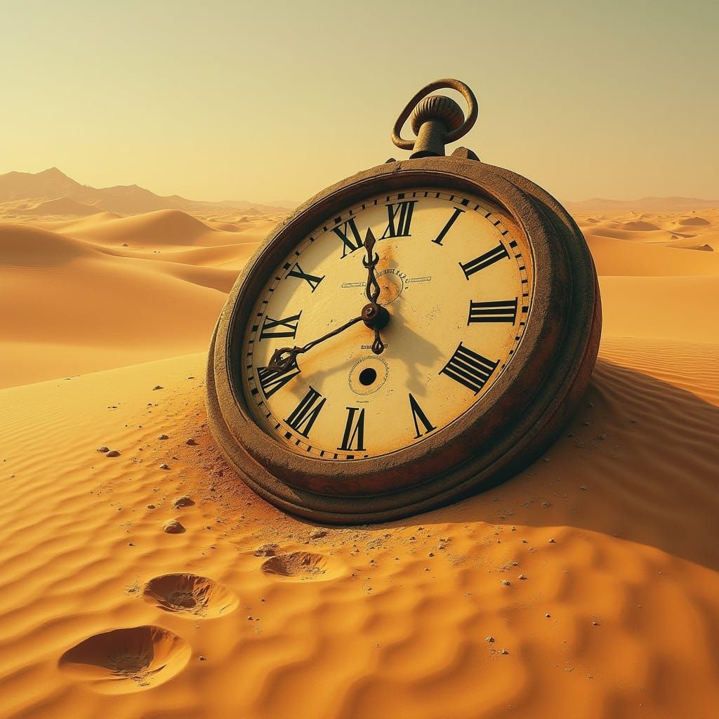 Ancient Clock Face Amidst Desert Footsteps in Sunset Light