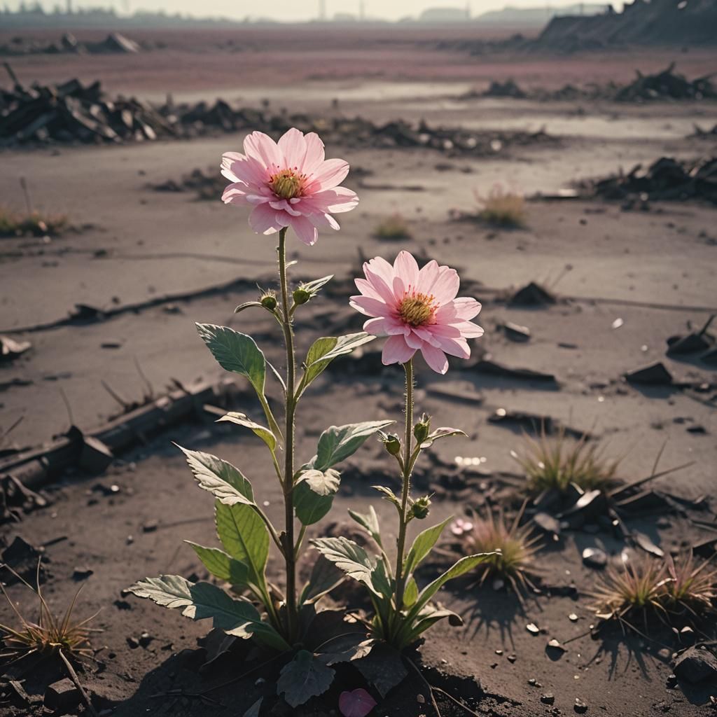 Pink Flower Blooms in Post-Apocalyptic Wasteland