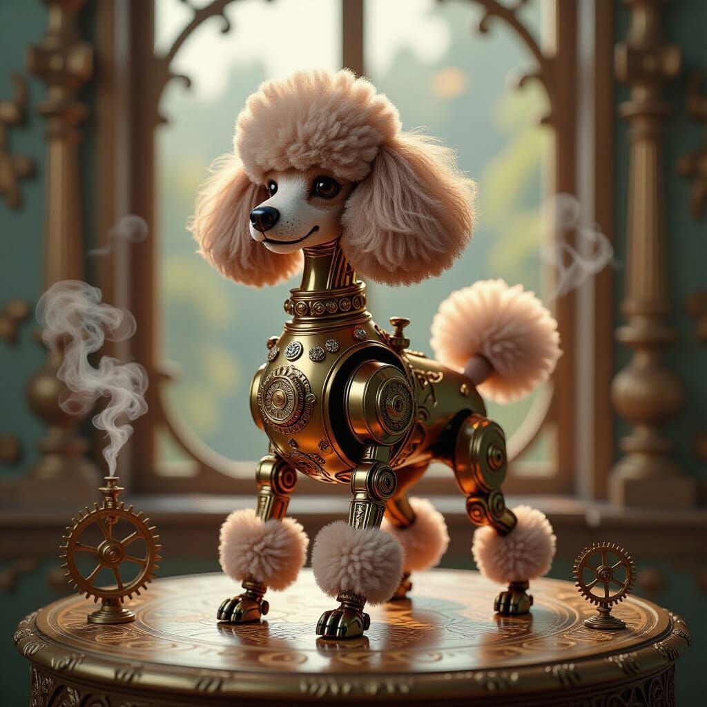 Steampunk Poodle Automaton on Victorian Table, Art Nouveau