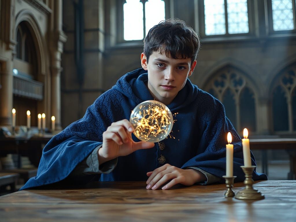 Wizard Student Interacting with Magical Orb in Fantasy Art S...