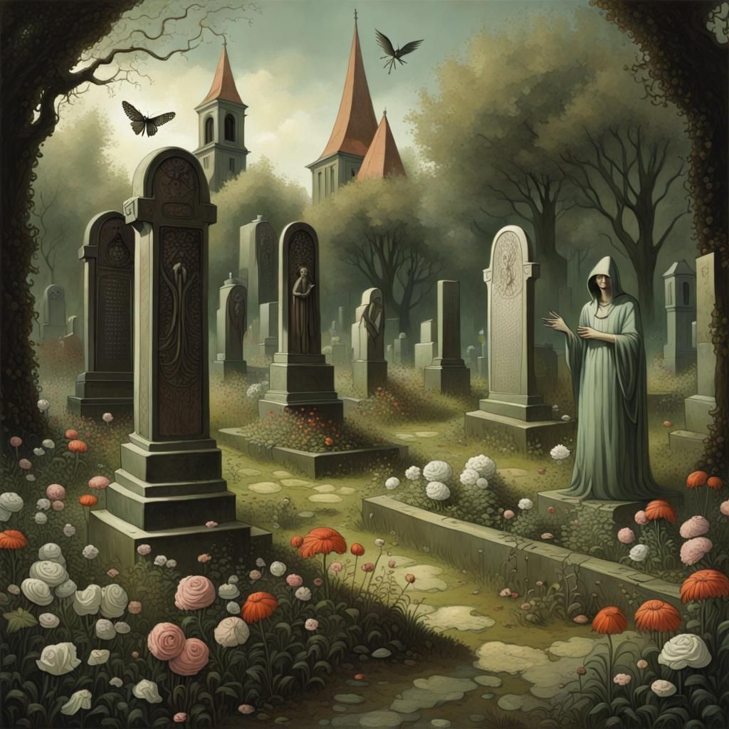 Sinister Overgrown Graveyard in Spring, Dark Fantasy Art