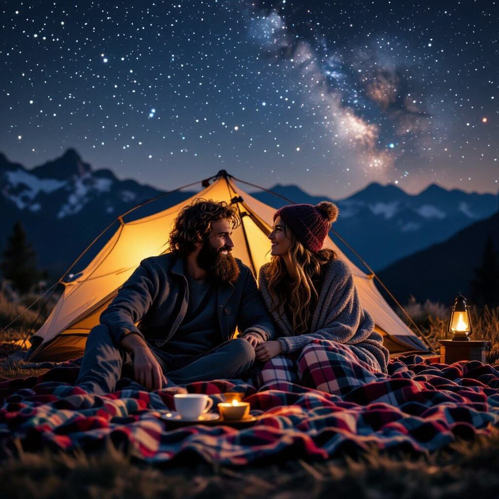 Romantic Couple Under Starry Sky by Tent