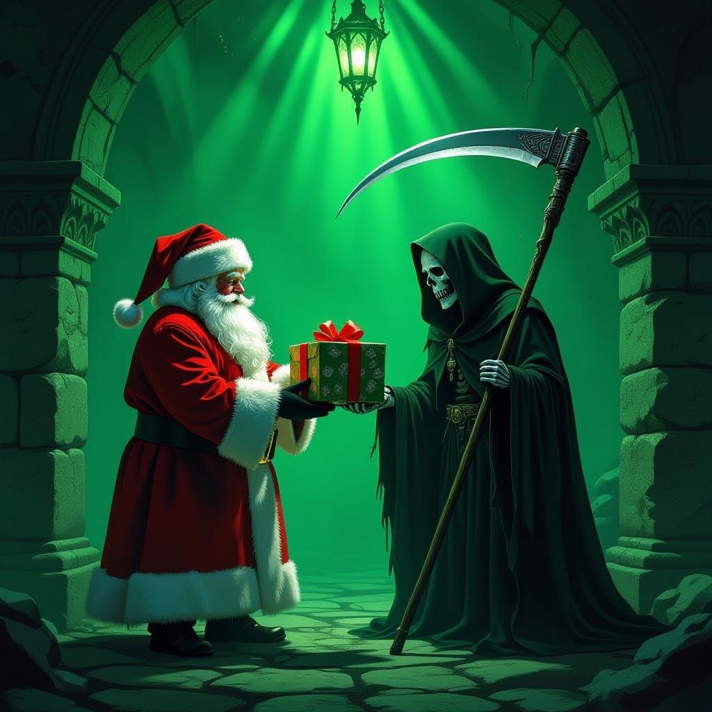 Santa Claus Gifts Grim Reaper in Eerie Crypt