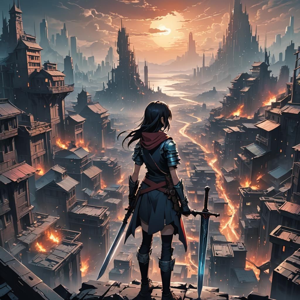 Dystopian Anime Girl with Sword in Cel-Shaded Style