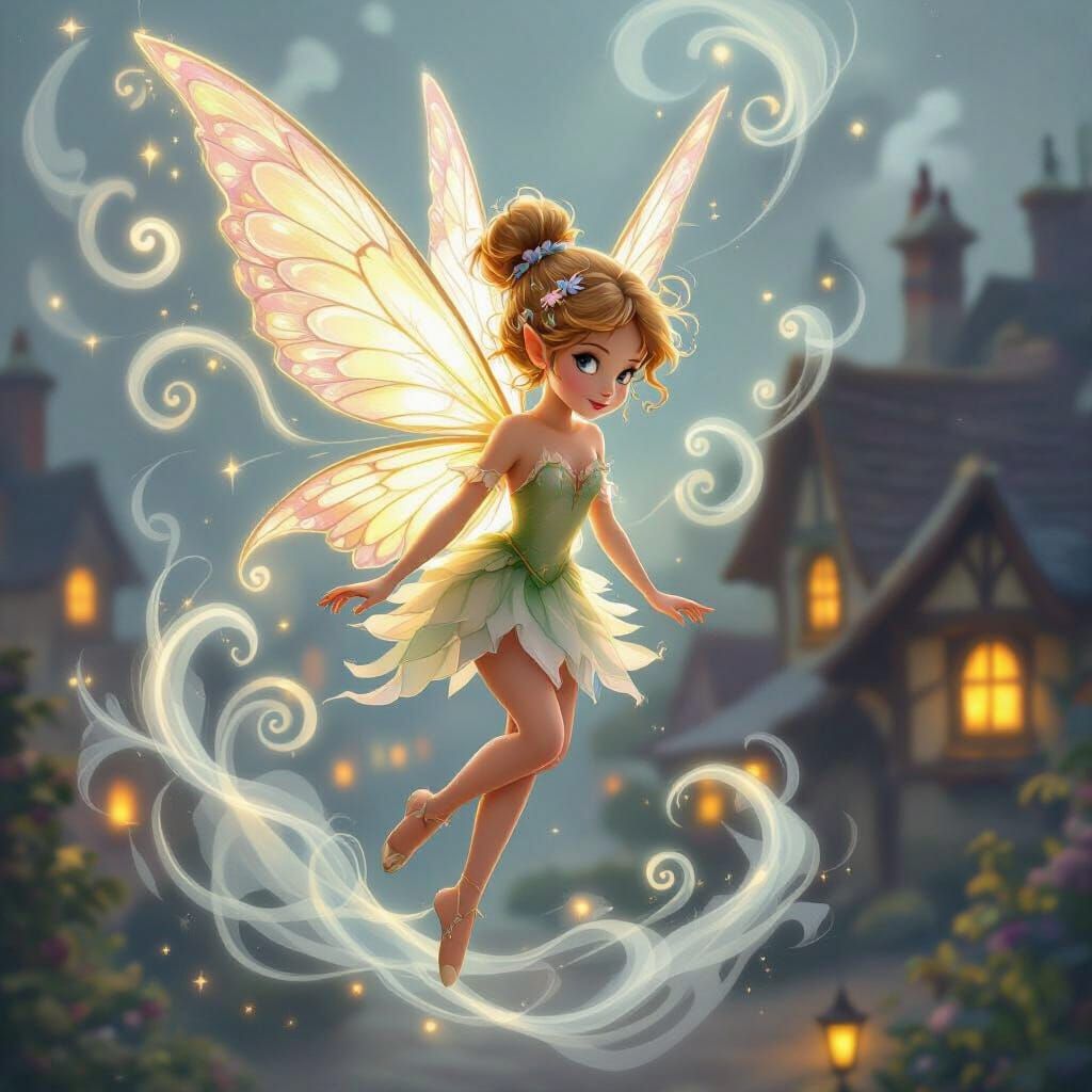 Whimsical Fairy in Ethereal Mist Over Cozy Village