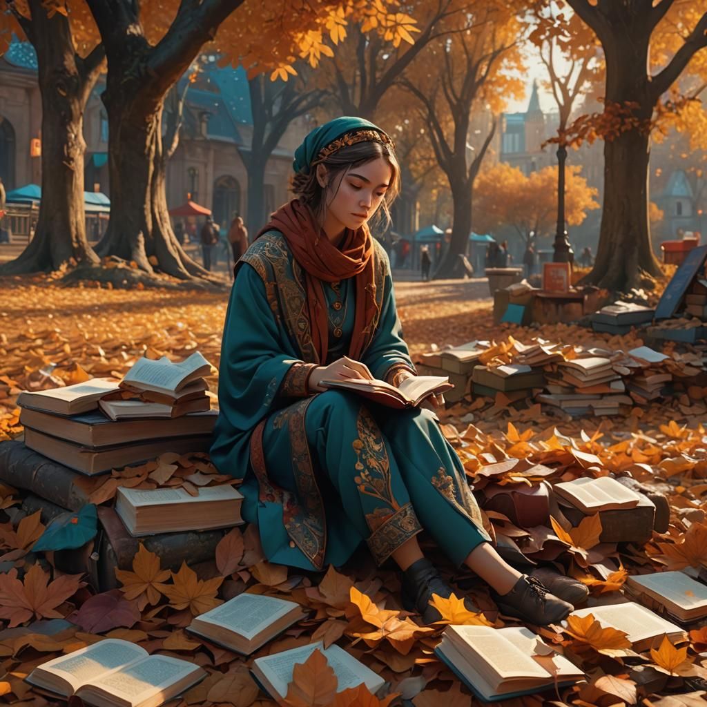 Veiled Student Reading Book in Autumn Leaves