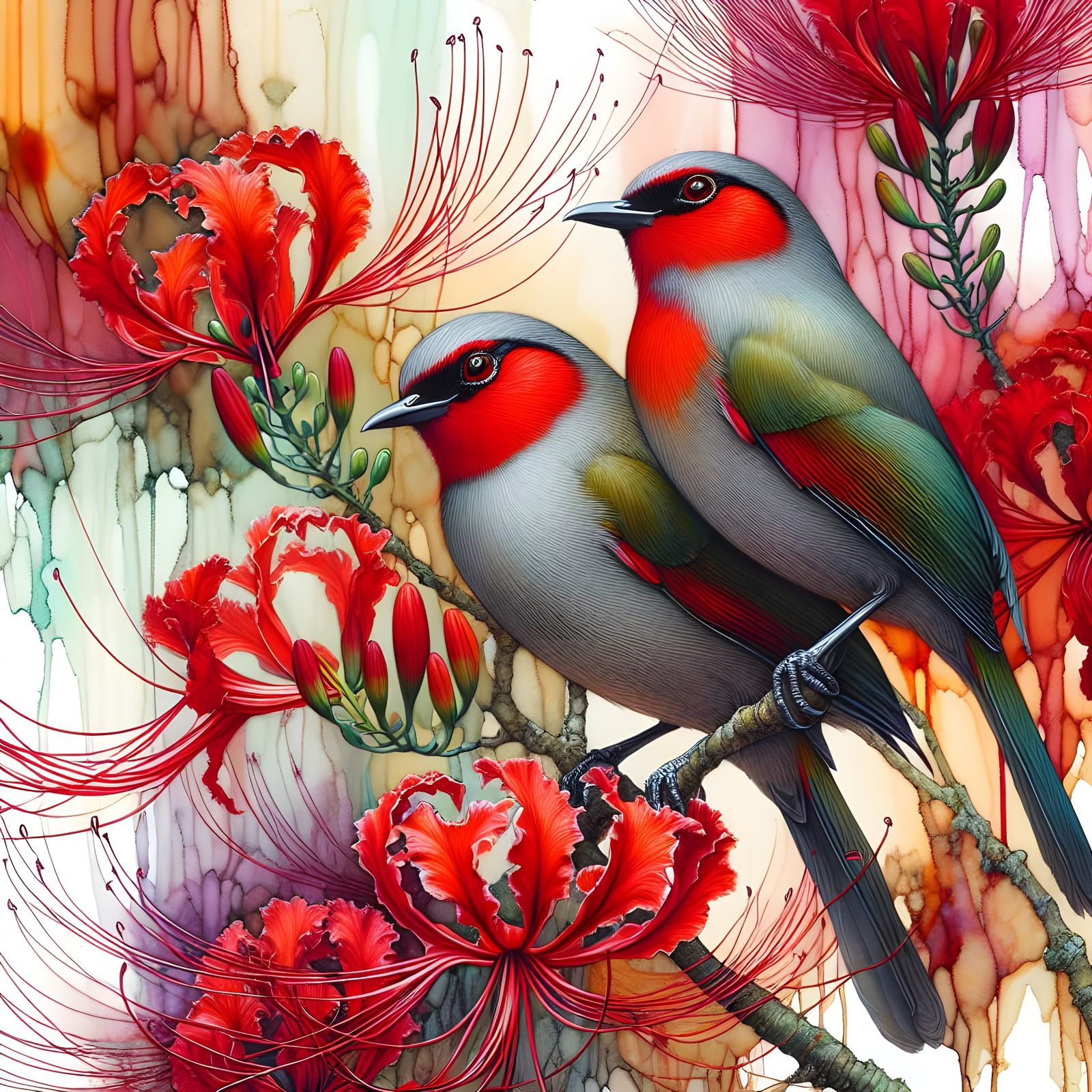 Scarlet-Faced Liocichla Birds in Jungle Tableau