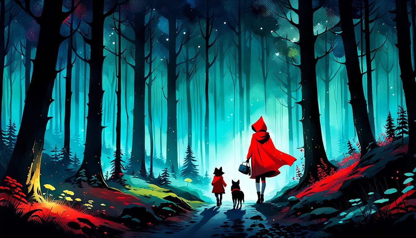 Little Red Riding Hood in Bioluminescent Forest