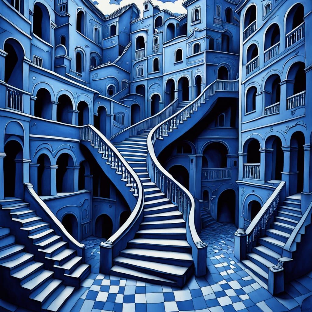 Surreal Blue Dreamscape With Infinite Staircases