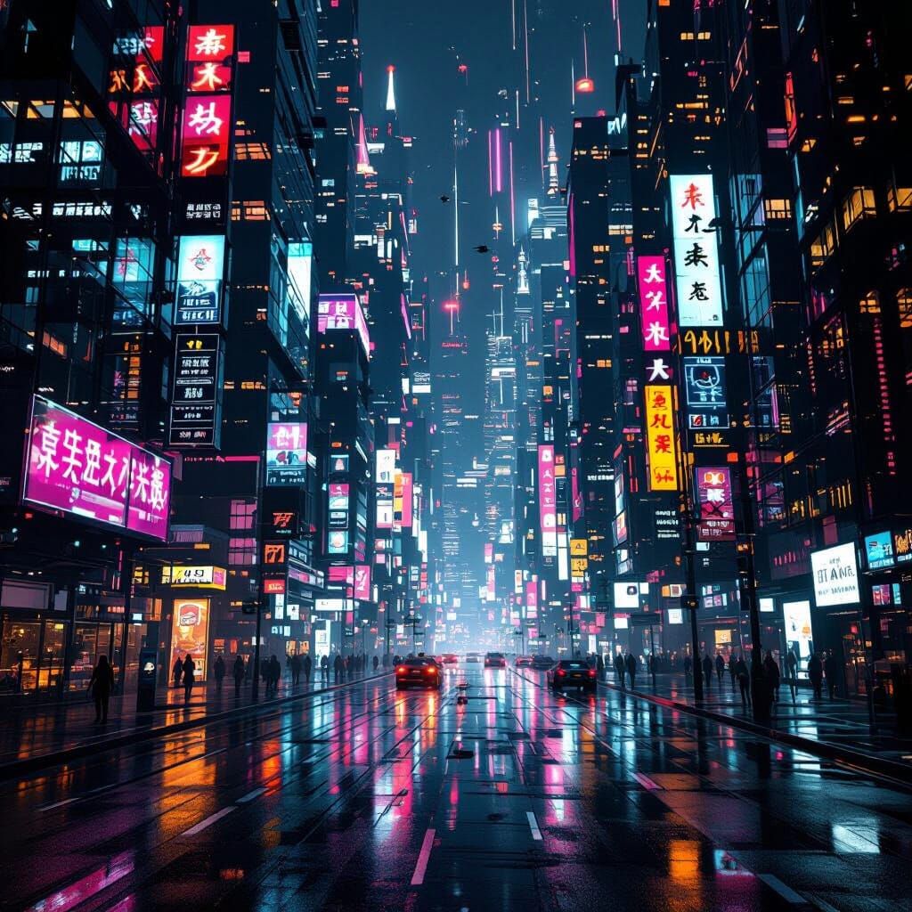 Cyberpunk Cityscape at Night with Neon Reflections