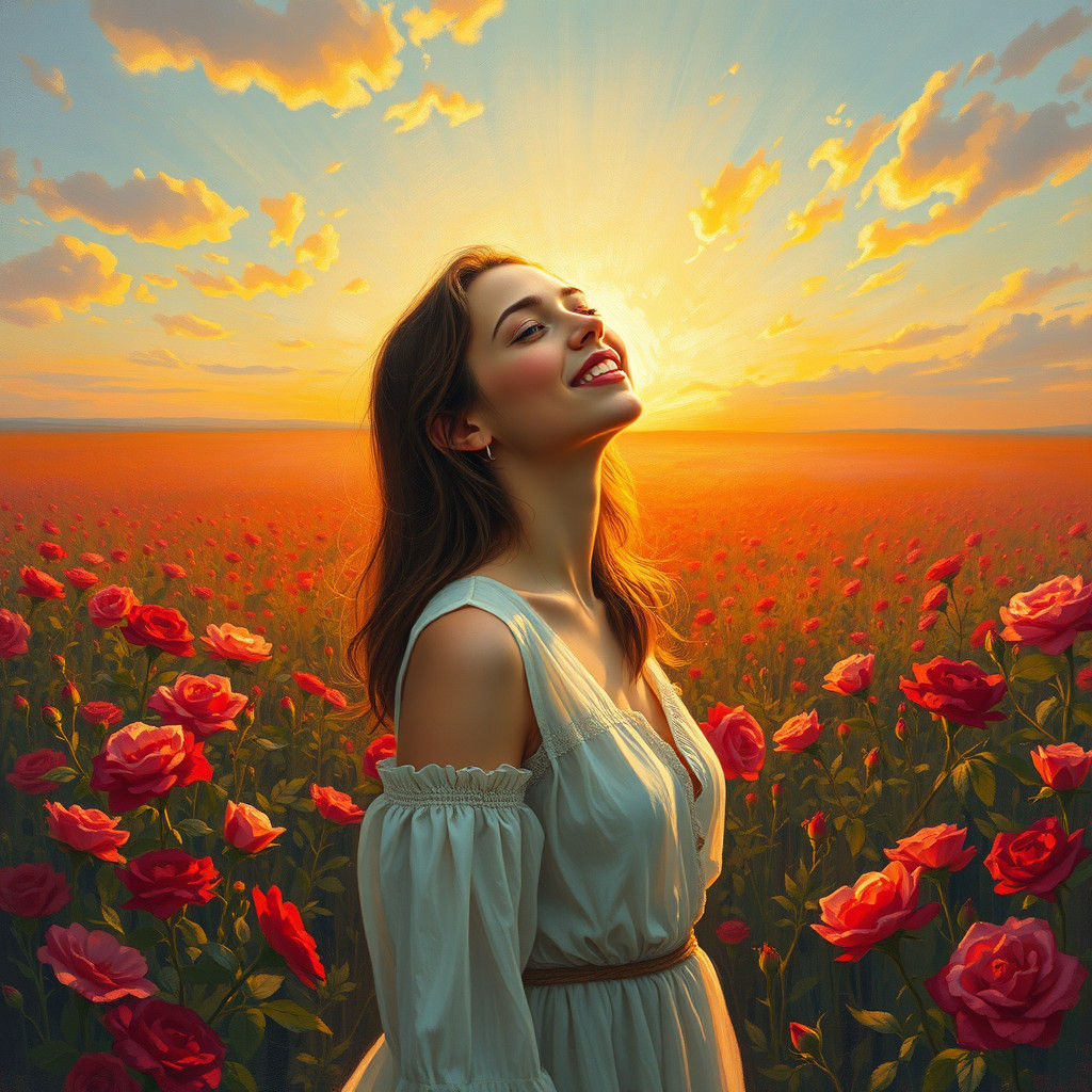 Youthful Radiance in a Rose Field: Expressionist Painting