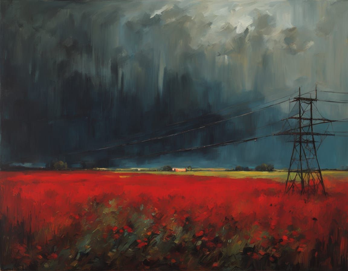 Blood Moon Over Field as Swallows Fly Low in Storm