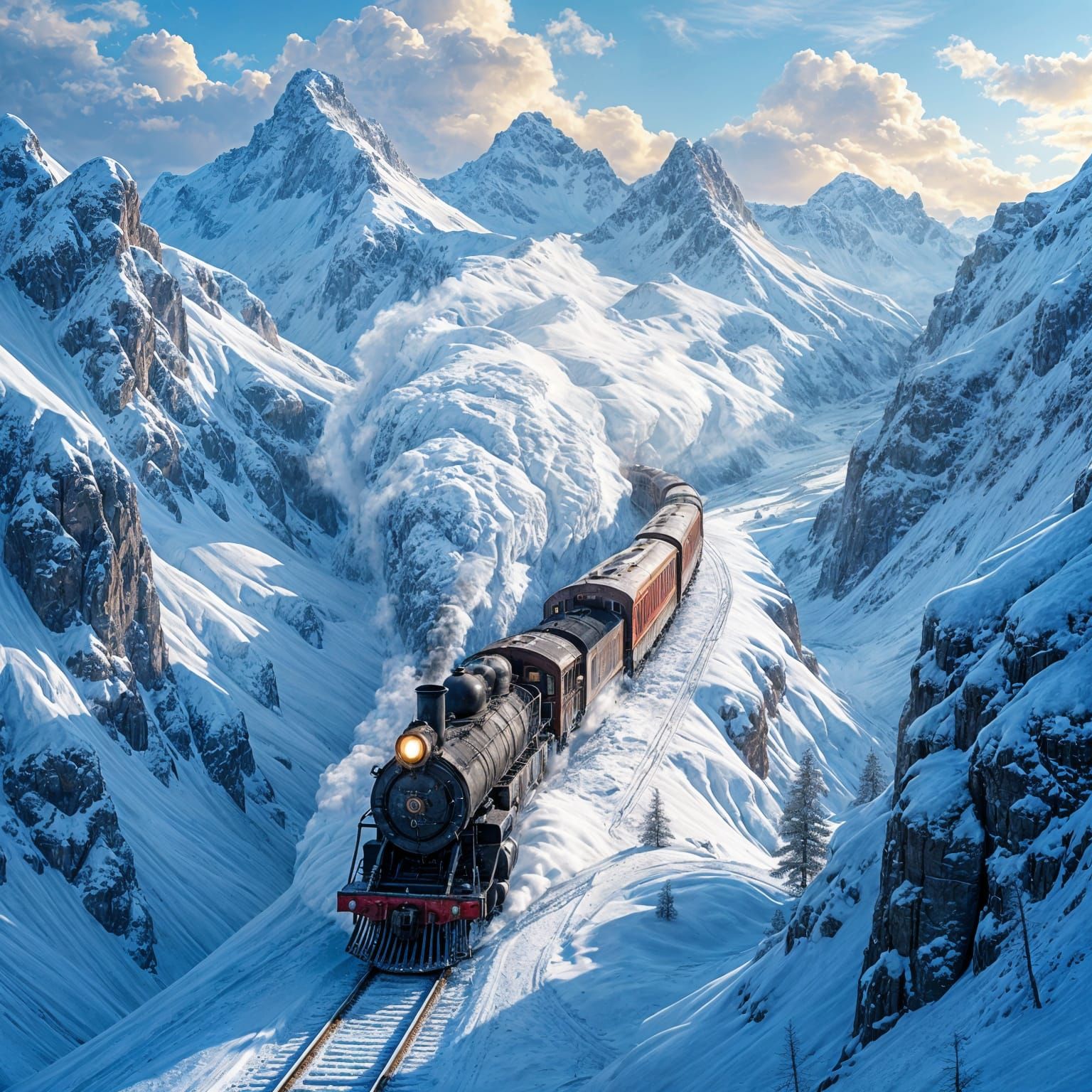 Steam Train Crosses Frozen Mountains in Golden Light