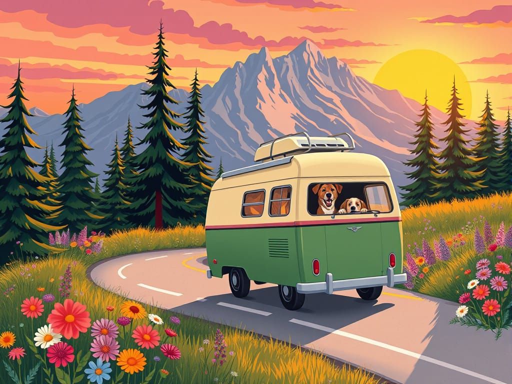 Vintage Camper Van Surrounded by Whimsical Wildflowers in a....
