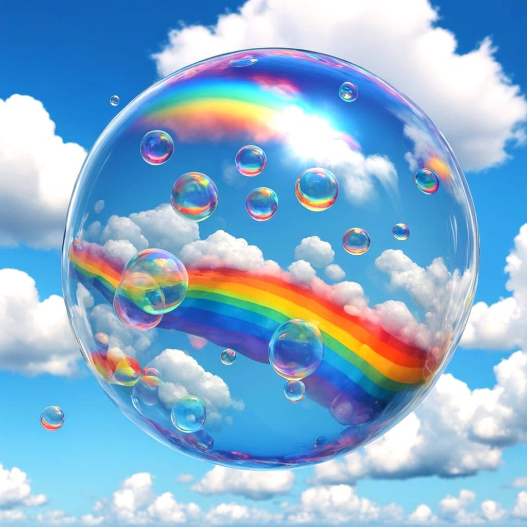 Rainbow Bubbles Shimmering Against Blue Sky