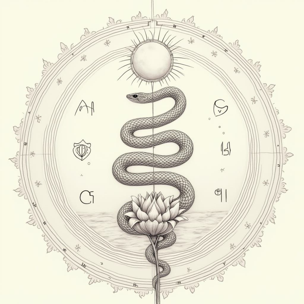 Snake and Moon Tattoo Design with Chakra Symbols
