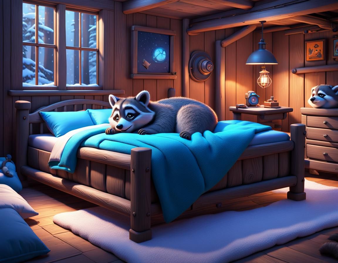 Raccoon Sleeping in Bed: Pixar-Style 3D Digital Art