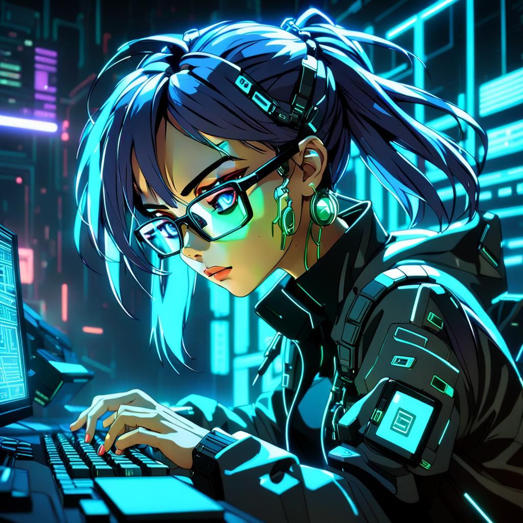 Anime Girl Hacking in Cyberpunk Style