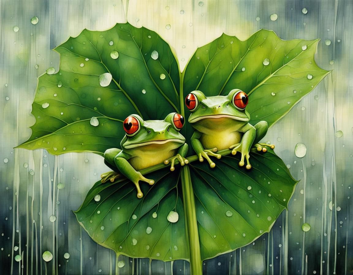 Frogs in Rainstorm: Whimsical Children's Illustration