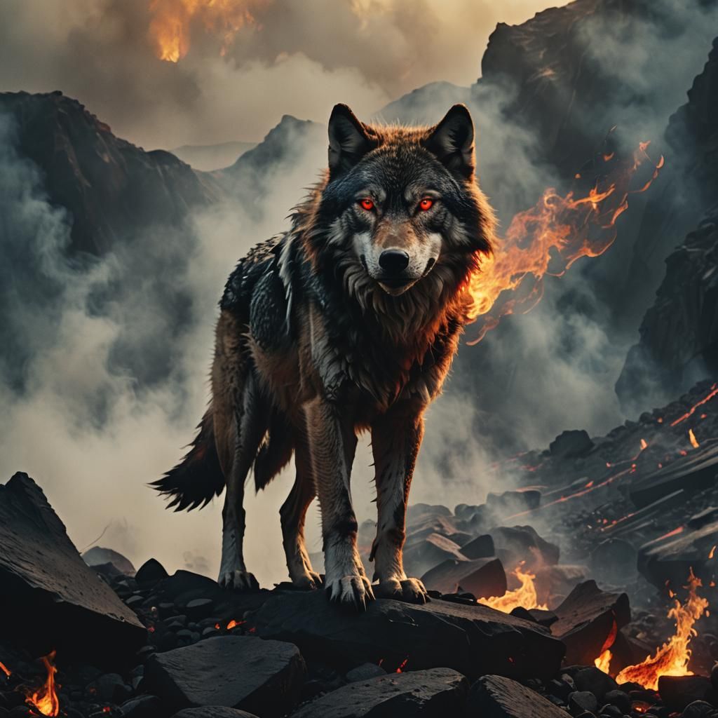 Fiery Wolf in Volcanic Landscape