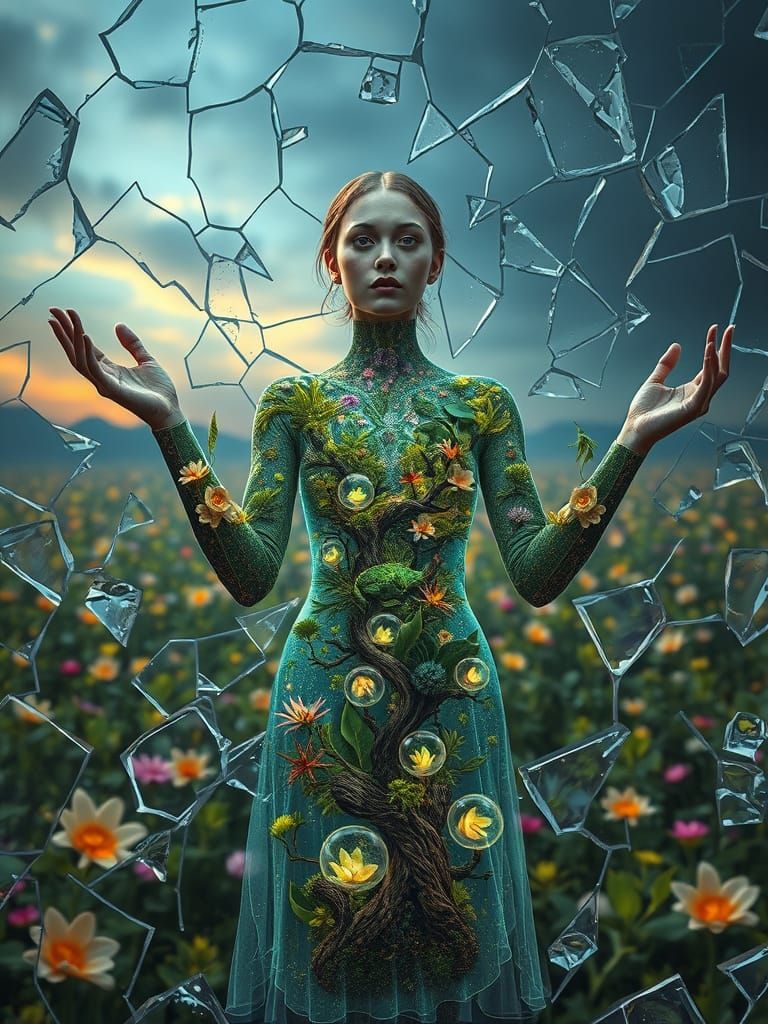 Ethereal Goddess Amidst Shattered Glass Ecosystems in Vibran...