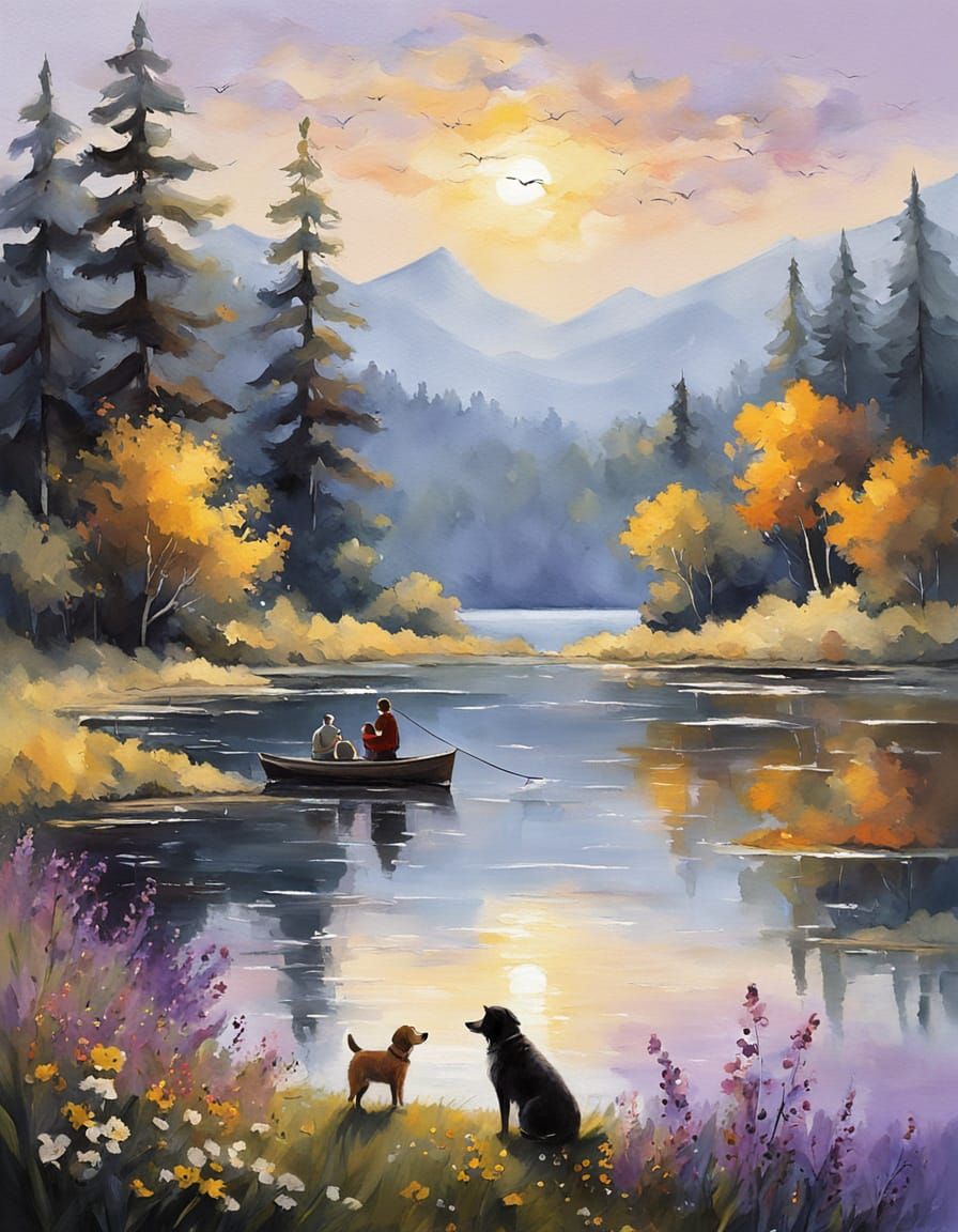 Whimsical Landscape Painting of Father and Child Fishing