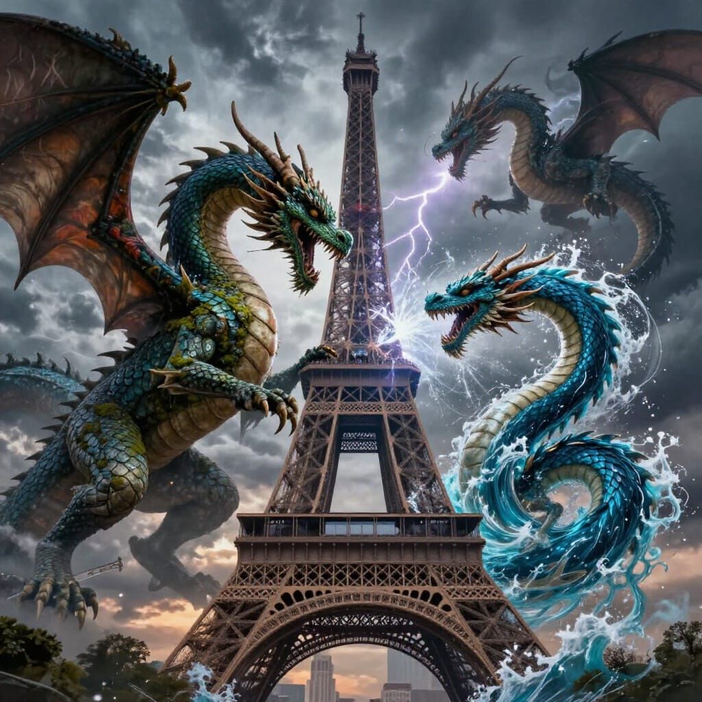 Three Dragons Battle on Eiffel Tower in Twilight