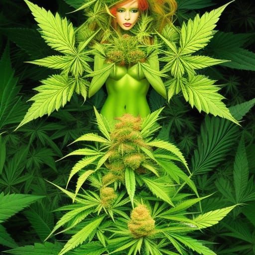 Beautiful delicate big breasted Goddess Poison Ivy and the symbol of the Flower of Life are surrounded by a lot of perf...