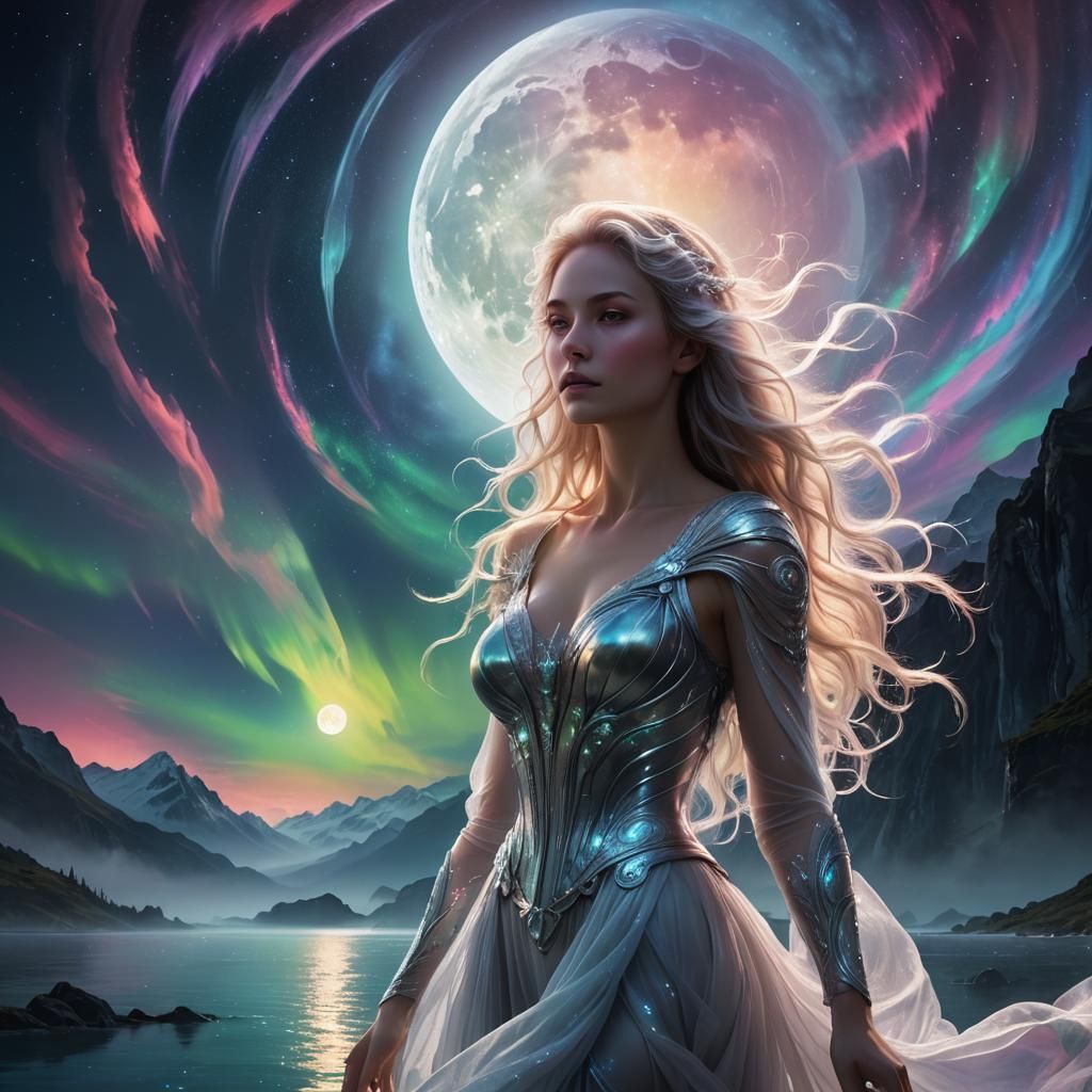 Ethereal Mist Woman Under Alien Aurora Sky