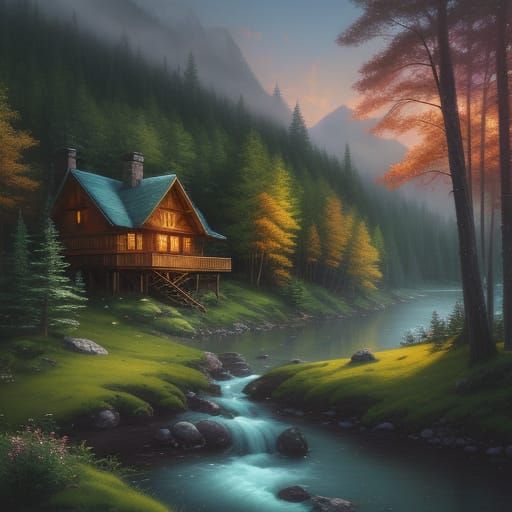 Ethereal Cabin in Mountain Landscape, Oil Painting