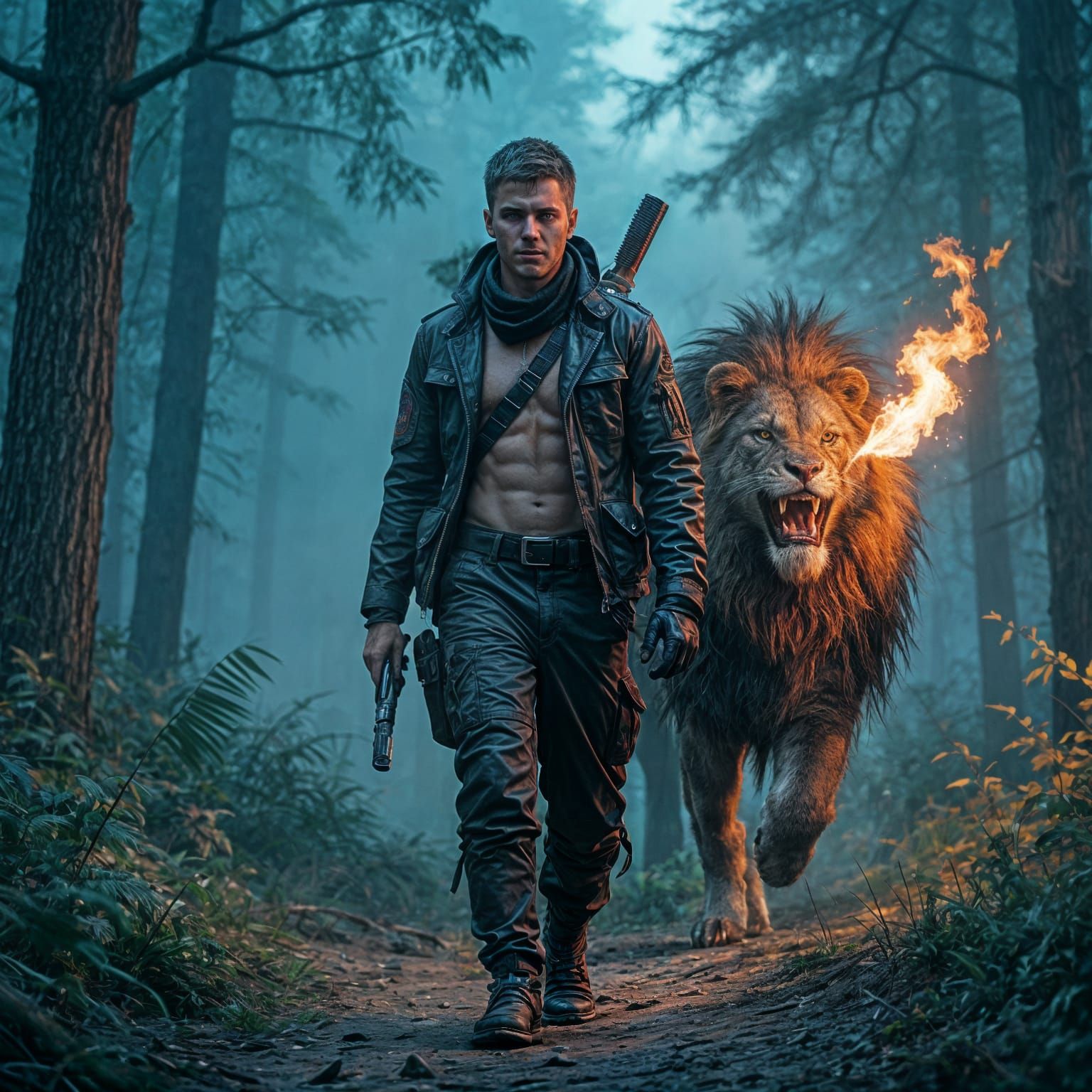 Hunter and Lion-Headed Dragon in Cyberpunk Cityscape