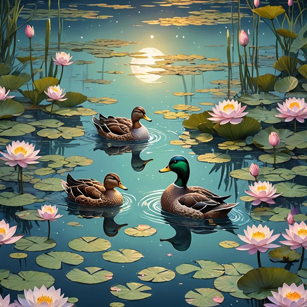 Anime Ducks Swimming in Moonlit Lake, 3D Art