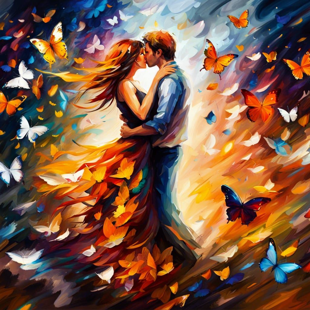 Passionate Kiss in Butterfly Swirl: Impasto Style