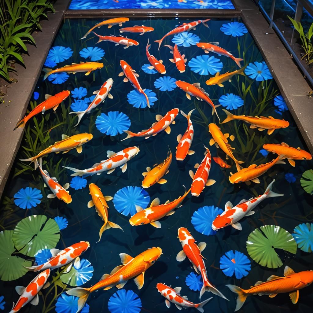 Fluorescent Koi Pond Shimmers Under Glass Bridge