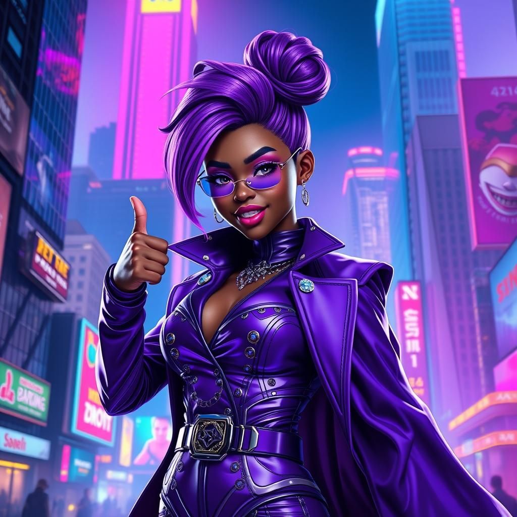 Confident Gamer Girl in Purple Cyberpunk Cityscape