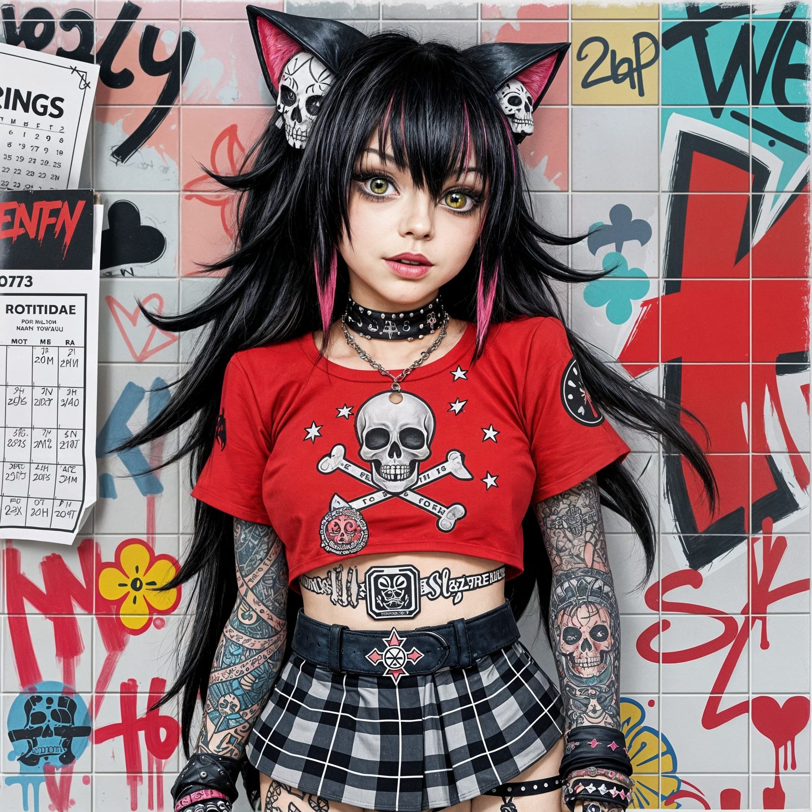 Goth Punk Girl with Adorned Cat Ears and Skull Accessories