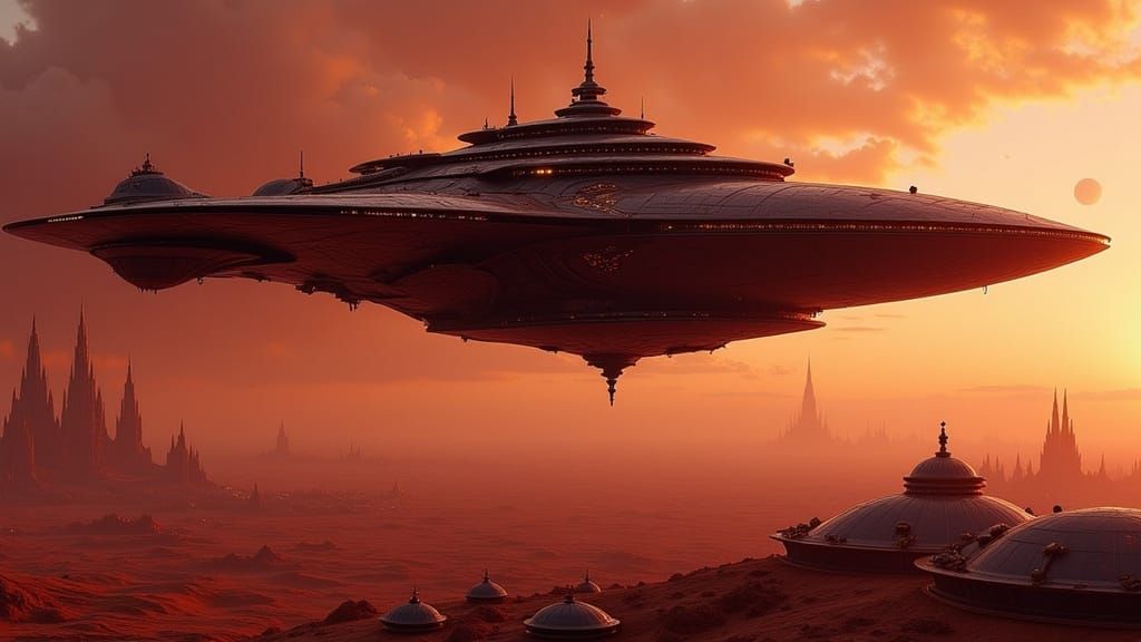 Futuristic Spaceship Over Tatooine at Sunset