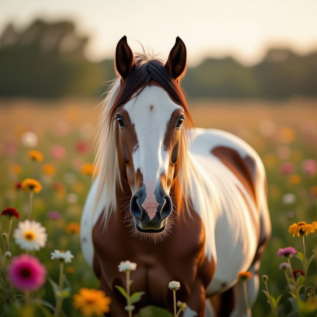 Paint Horse in Flower Field: Matte Painting Style