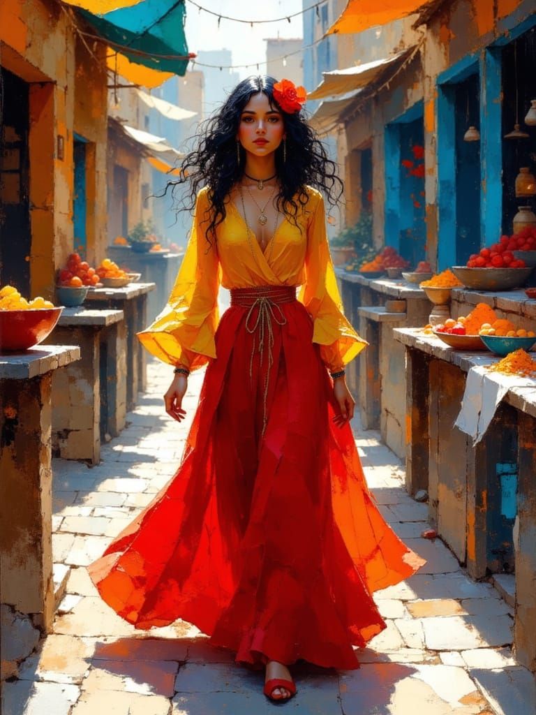 Gypsy Woman in Moroccan Bazaar with Oil Painting Texture