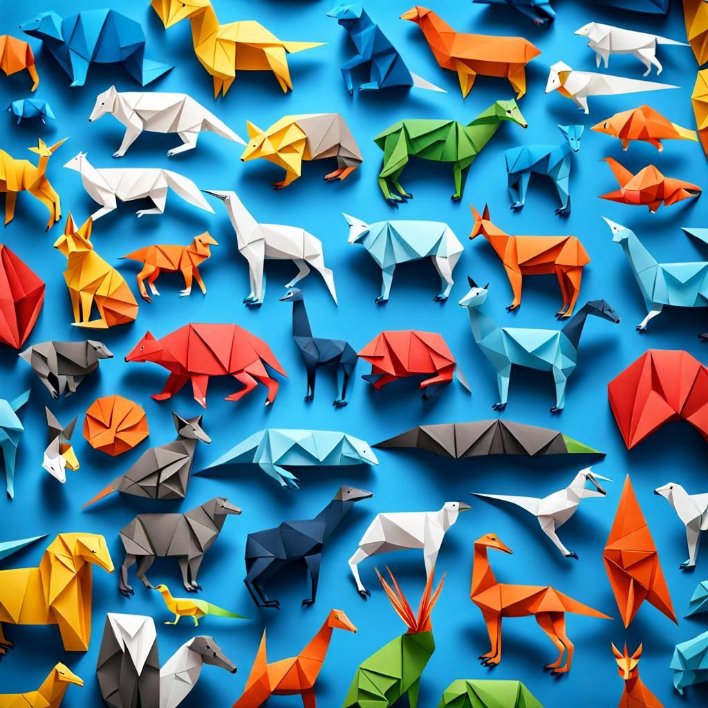 Origami Animals Fill Page Outlines in Papercraft Style
