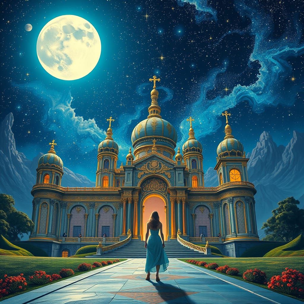 Majestic Palace of Dreams Under Vibrant Starry Night