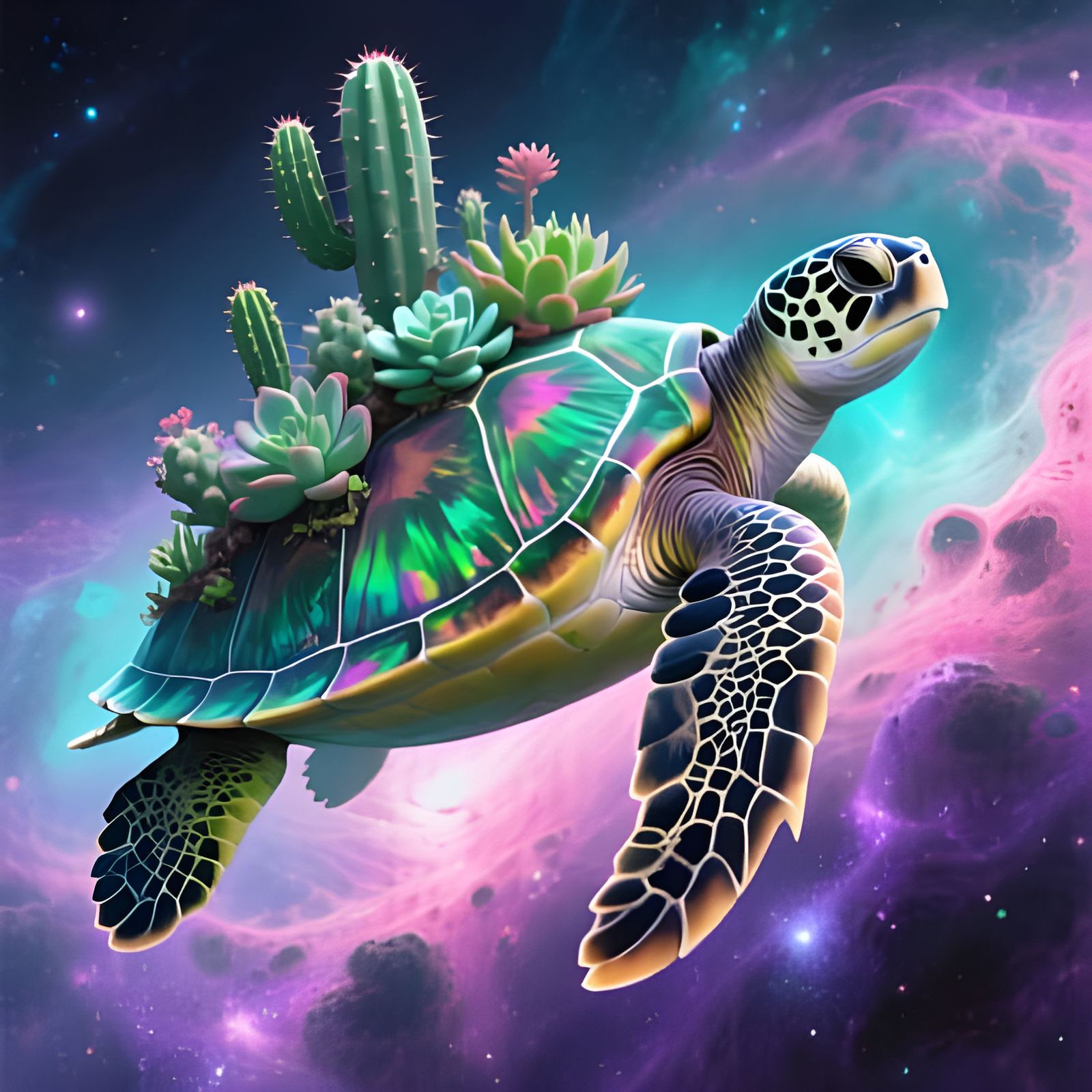 Cosmic Turtle Drifting Through Nebula: Digital Art
