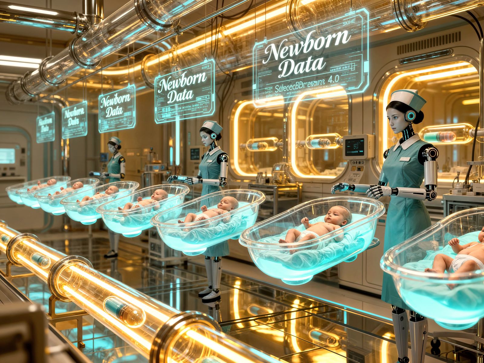 Futuristic Dystopian Maternity Ward with Floating Baby Pods