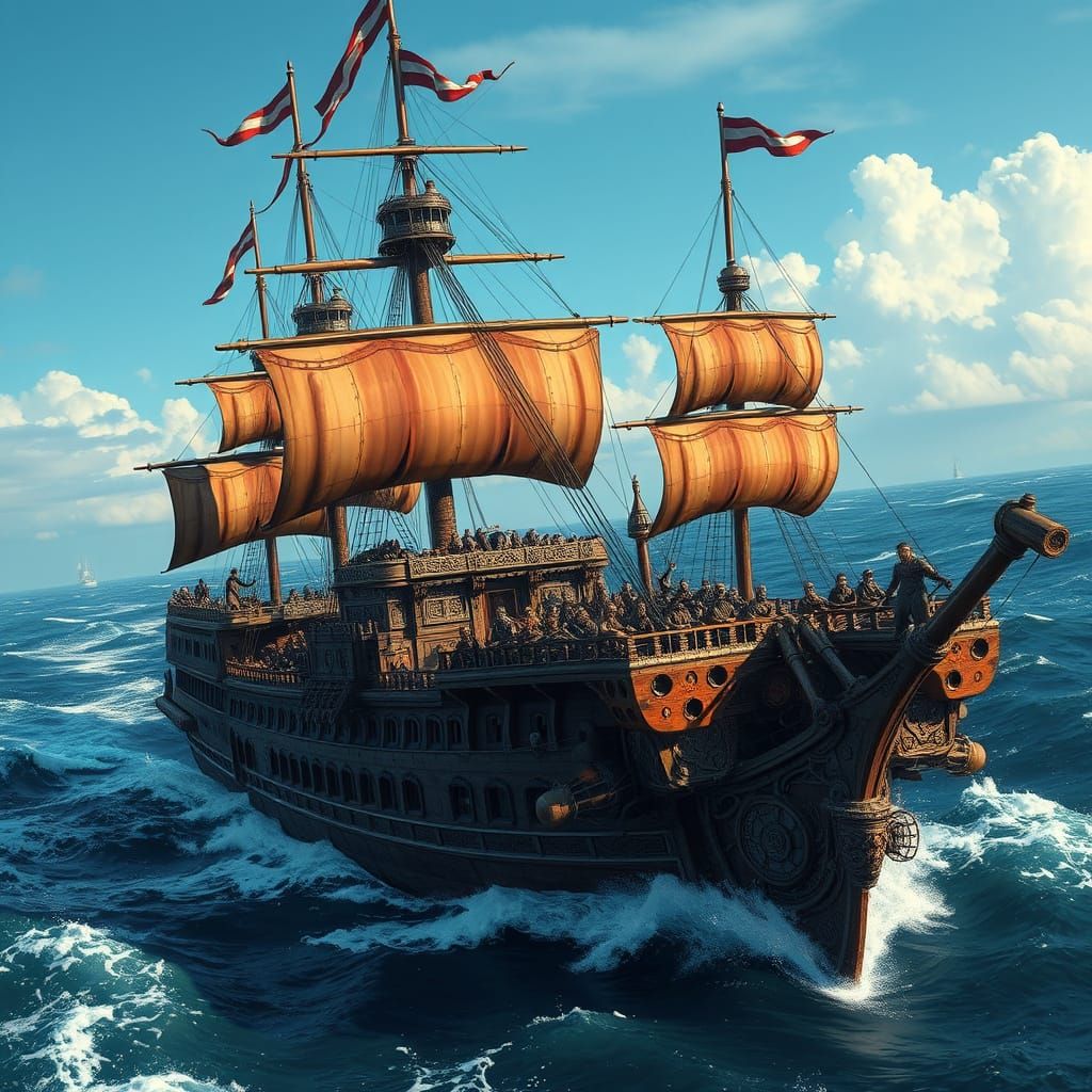 Fantastical 19th-Century Warship Sails Through Turbulent Sea...