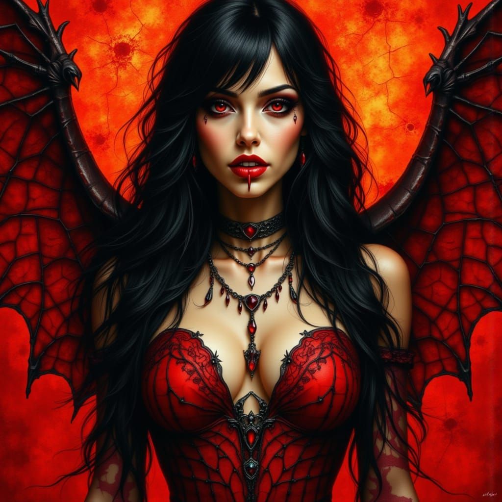 Gothic Vampire Woman in Fiery Landscape, Dark Art